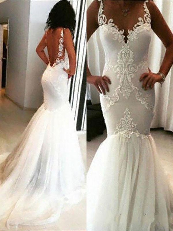 Straps Lace Appliques Backless Sexy Mermaid Wedding Dresses