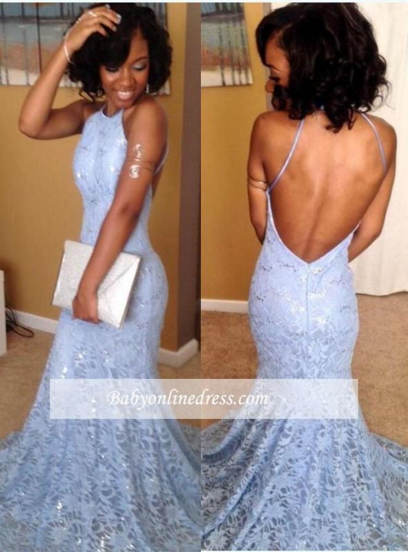 Simple Halter Mermaid Backless Lace Cheap Prom Dress