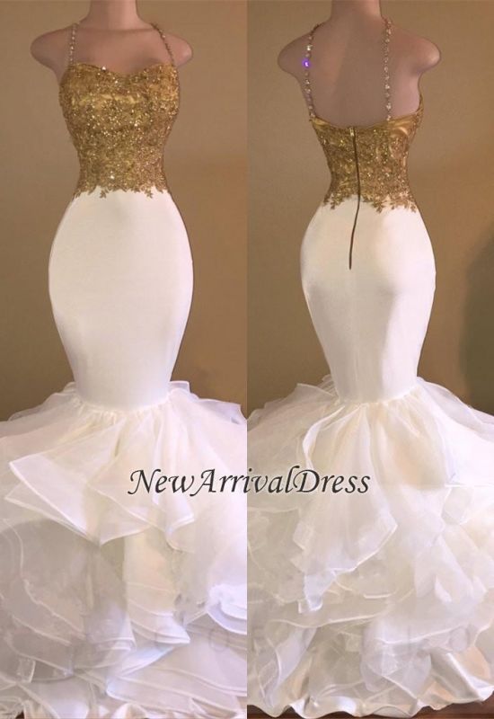 Amazing Gold White Prom Dresses 2021 Spaghettis Straps Sleeveless Mermaid Evening Gowns