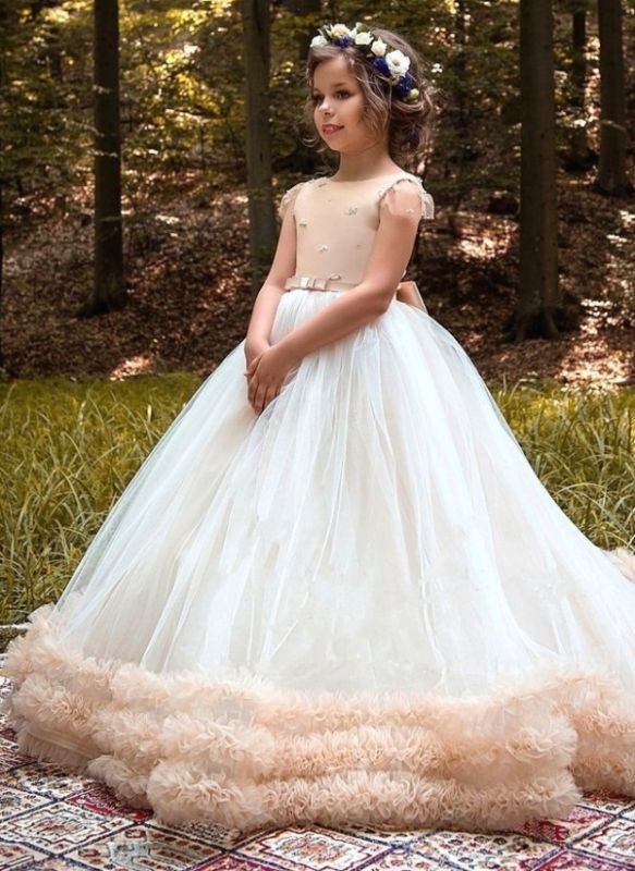 Glamorous Ball Gown Cloud Dresses With Bows | Short Sleeves Tulle Girls Pageant Dresses