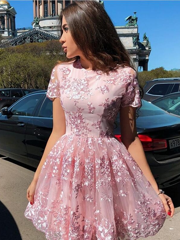 Chic Pink A-Line Homecoming Dresses | Jewel Short Sleeves Lace Cocktail Dresses