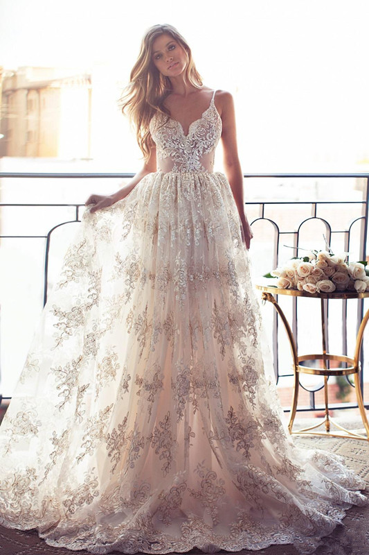 Spaghettis-Straps Backless Lace Sweetheart-Neck A-line Elegant Wedding Dresses