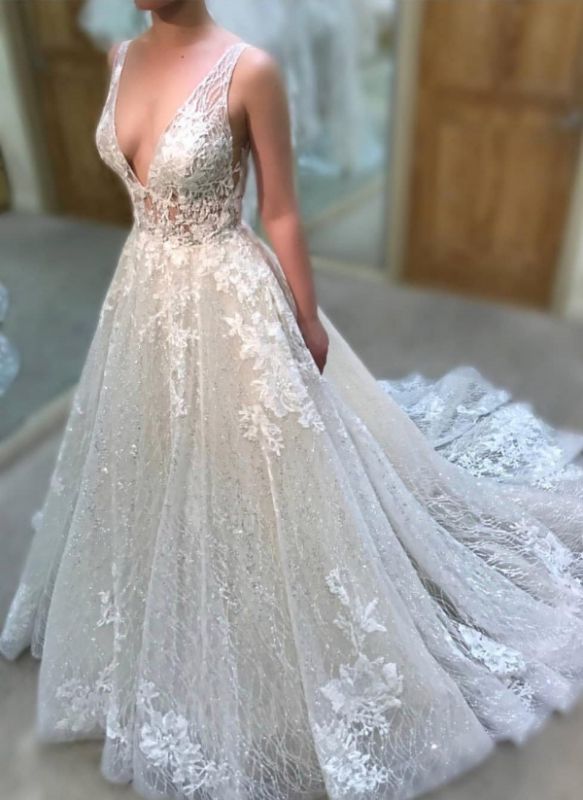 Shiny A-line Wedding Dresses | Deep V-Neck Appliques Bridal Gowns