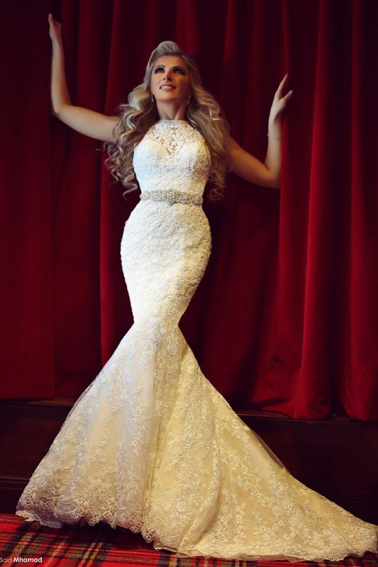 Elegant Lace Mermaid Wedding Dresses | Crystals Belt Sleeveless Bridal Gowns