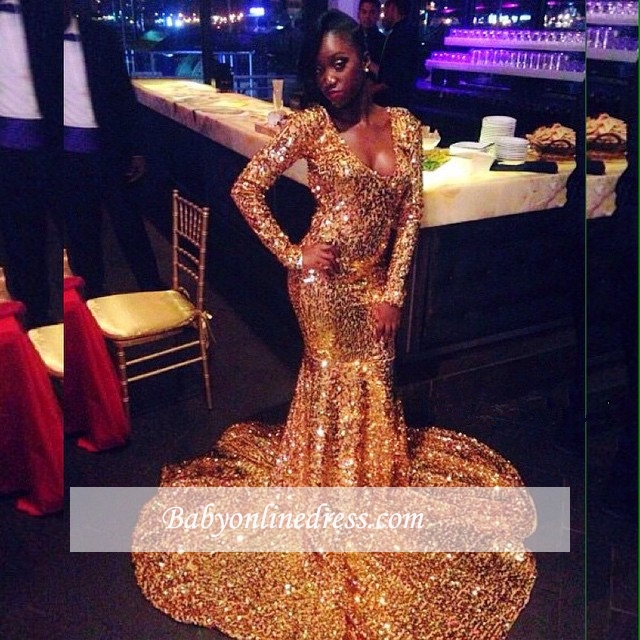 Shiny V-Neck Long Sleeves Gold Prom Dresses | Mermaid Sequins 2021 Evening Gowns