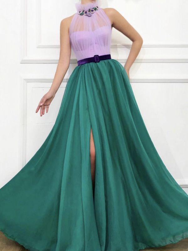 Elegant Marquise A-Line Prom Dresses | High Neck Beading Front Slit Evening Dress