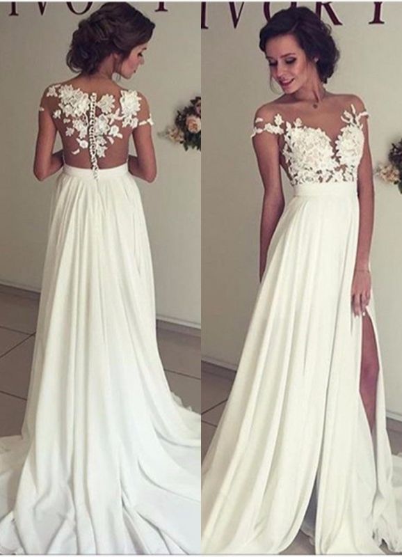 2021 Summer Chiffon Wedding Dresses Lace Top Short Sleeves Side Slit Garden Elegant Bridal Gowns