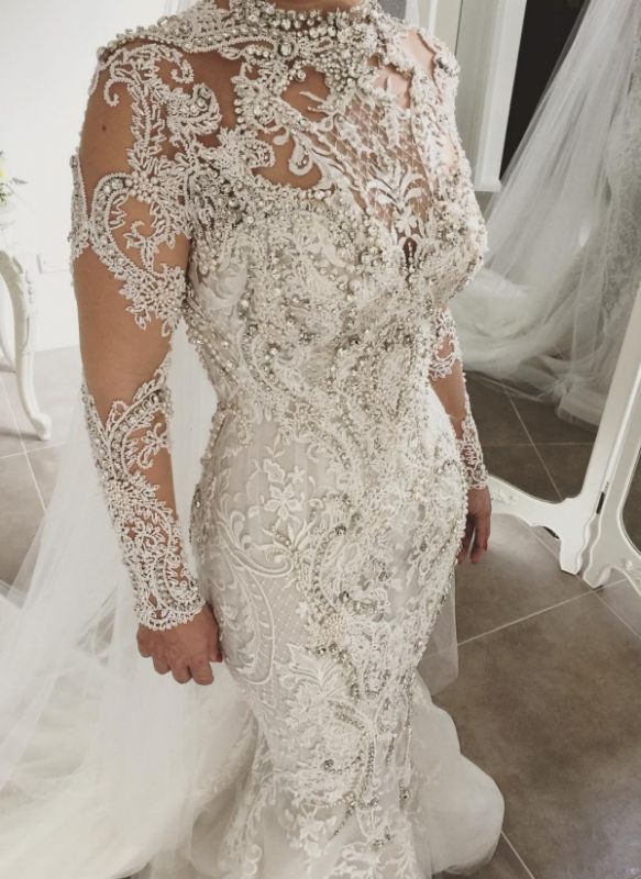 Luxury Crystals Mermaid Wedding Dresses | Long Sleeves Sheer Appliques Bridal Gowns