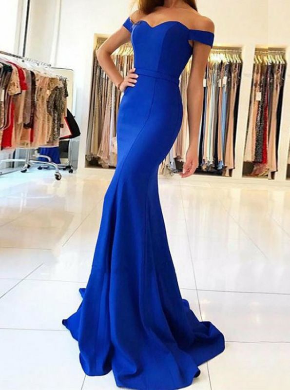 Simple Off-The-Shoulder Mermaid Evening Dresses | Elegant Royal Blue Long Evening Dresses Sweep Train