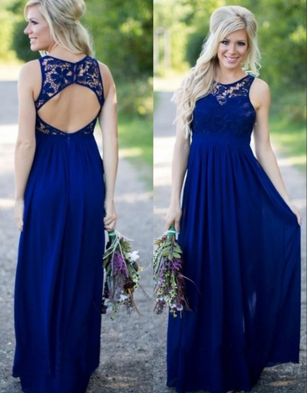 Midnight Blue Bridesmaid Dresses Lace Top Chiffon Open Back A-line Maid of the Honor Dresses