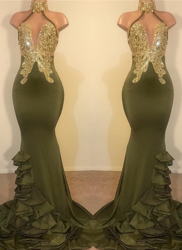Elegant Clover Mermaid Prom Dresses | High Neck Ruffles Train Evening Gowns DD0207