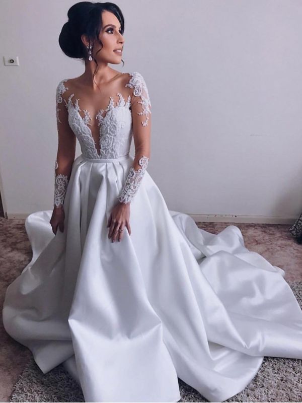 Long Sleeves A-line Wedding Dress | Exquisite Sheer Neck Long Lace Bridal Gowns