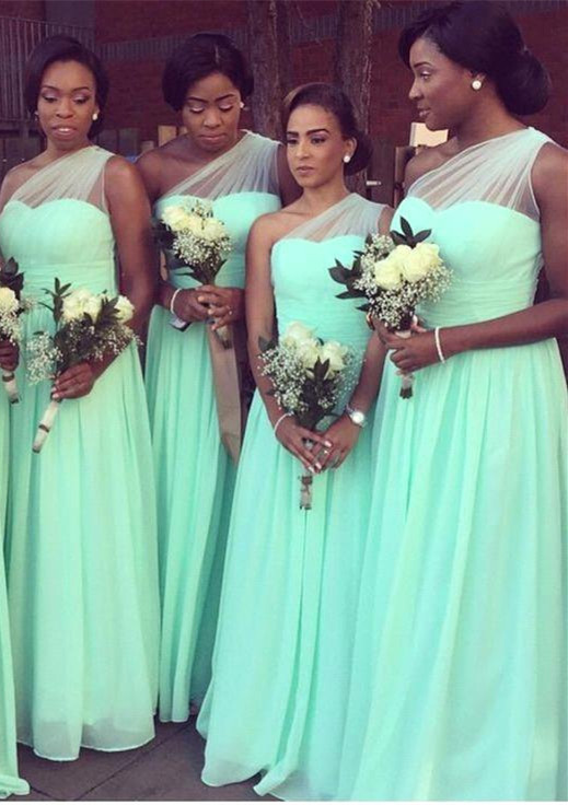 2021 One Shoulder Bridesmaid Dresses Mint Long Chiffon Wedding Guest Dress