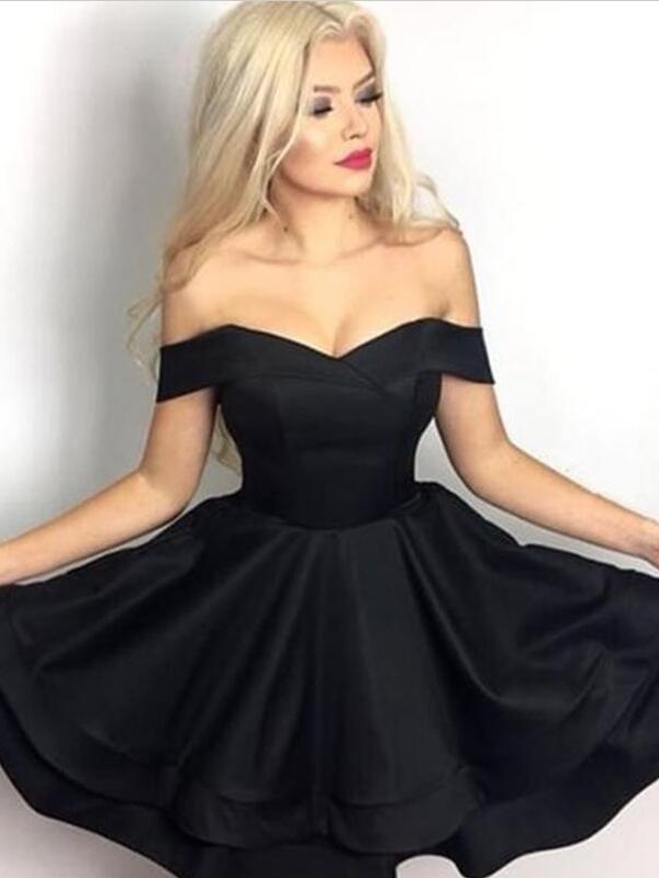 Elegant Black A-Line Homecoming Dresses | Cheap Off-The-Shoulder Short Cocktail Dresses