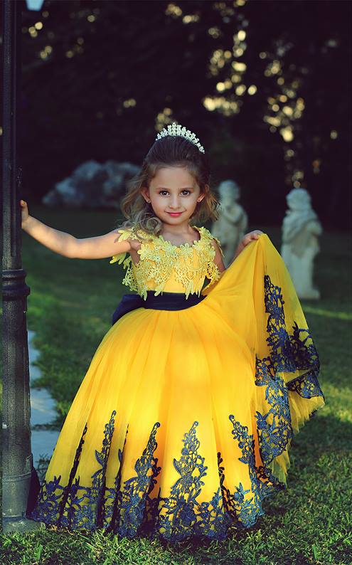 Lovely Yellow and Black Appliques Flower Girl Dress With Waistband Floor Length
