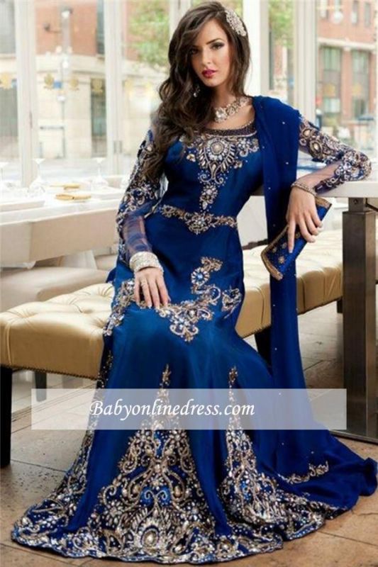 Luxurious Arabic Islamic Royal Blue Prom Dress 2021 Long Sleeves Crystals Evening Gowns