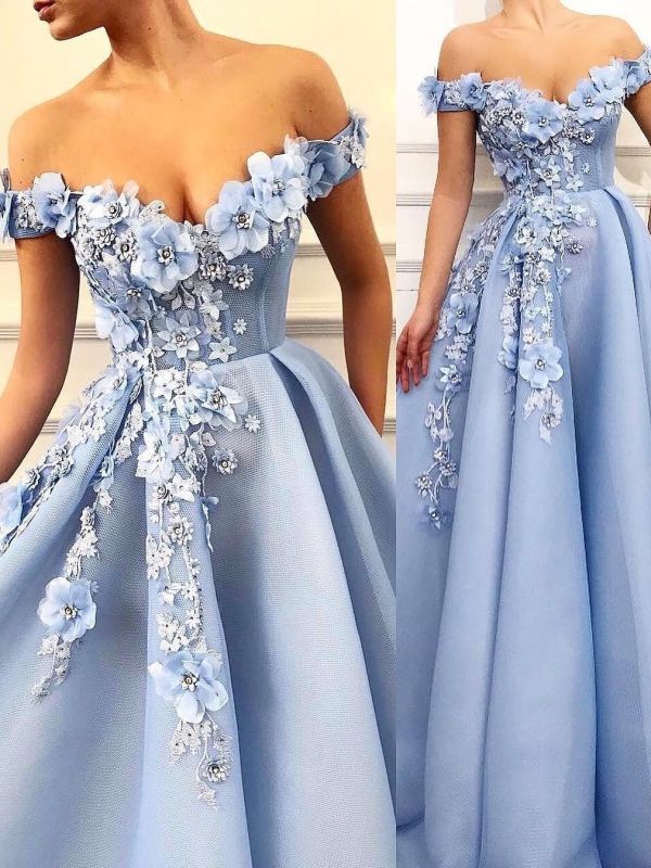 Elegant Floral A-Line Prom Dresses | Off The Shoulder Appliques Beaded Evening Dresses