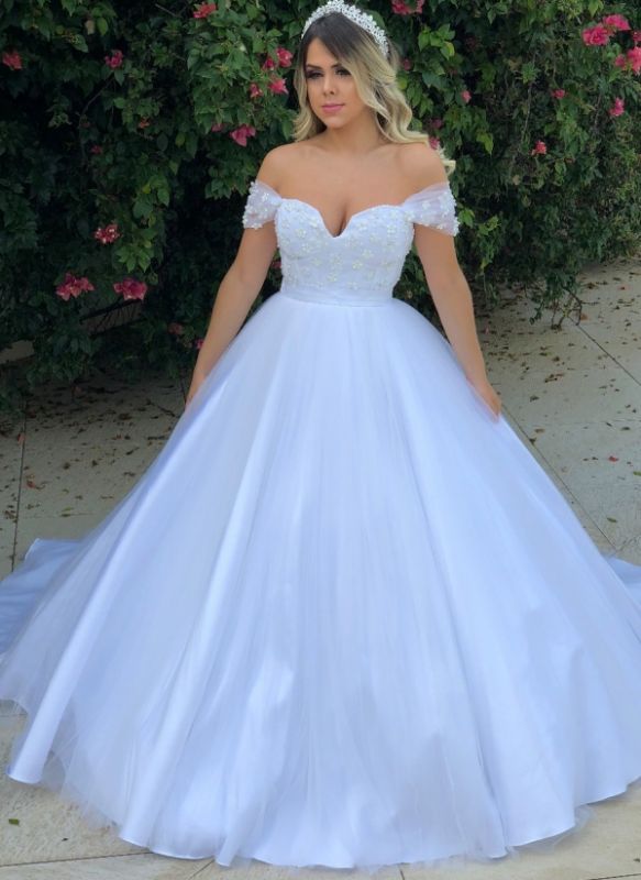 Elegant Pearls Ball Gown Wedding Dresses | Off-the-Shoulder Bridal Gowns