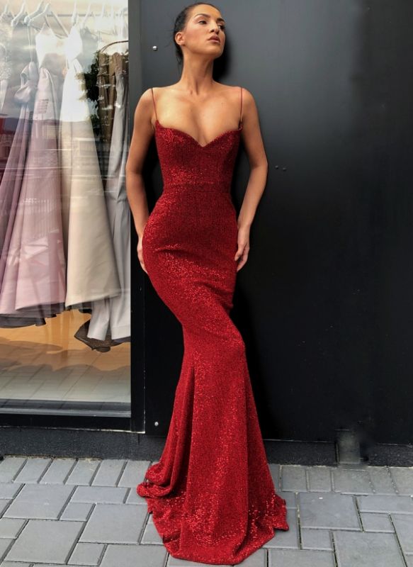 Sexy Red Sequins Mermaid Evening Dresses | Spaghetti Straps Prom Dresses
