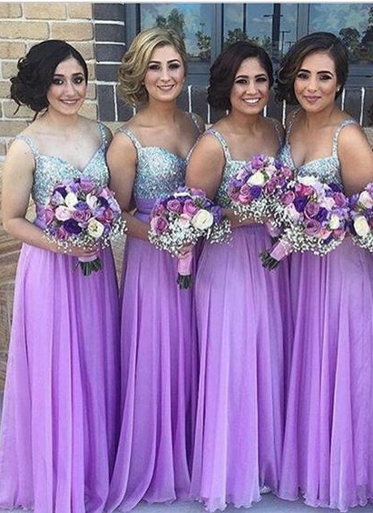 2021 Lilac Long Bridesmaid Dresses Straps Chiffon Floor Length Maid of Honor Dresses