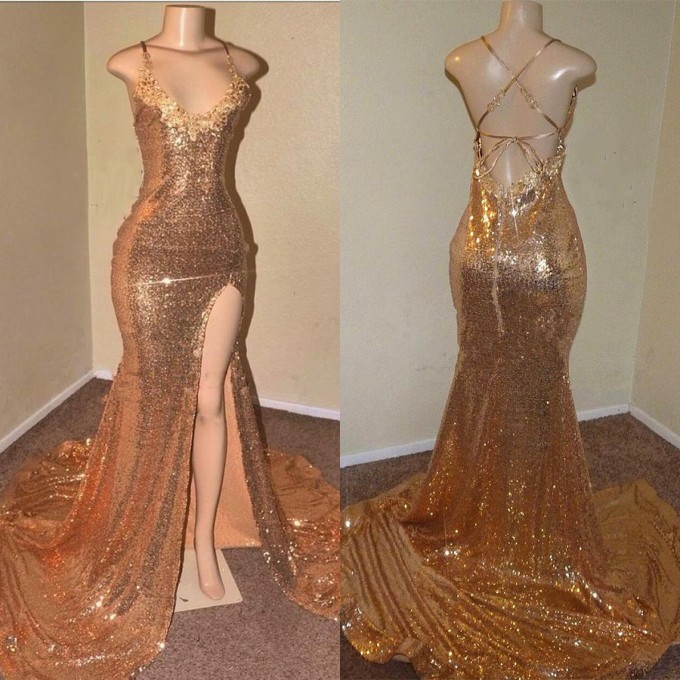 Sexy Gold Sequin Prom Dresses | Spaghetti Straps Open Back Slit Evening Gowns