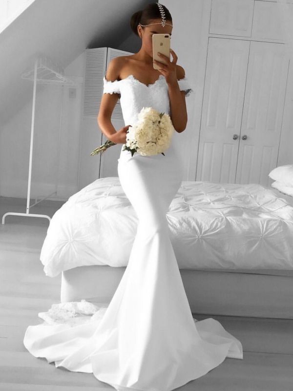 Elegant White Mermaid Prom Dresses | Off The Shoulder Appliques Evening Dresses