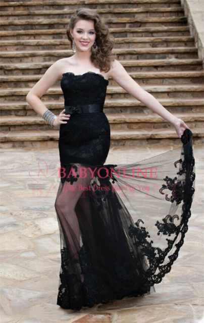 2021 New Sexy Prom Dresses Black Strapless Sleeveless Vestidos de Fiesta Lace Appliques Sheer Sash Party Gowns BO3554