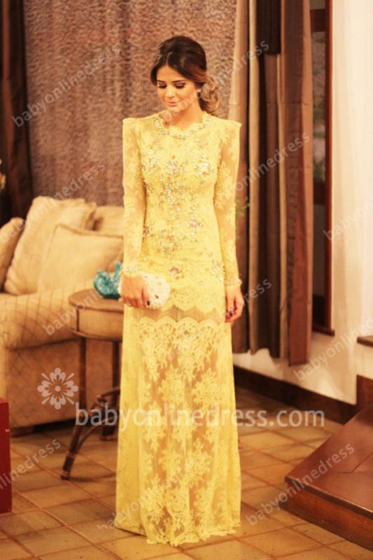 Gorgeous Prom Dresses Brightly Yellow Full Lace Crew Neckline Long Sleeves Floor Length Sheath Gowns