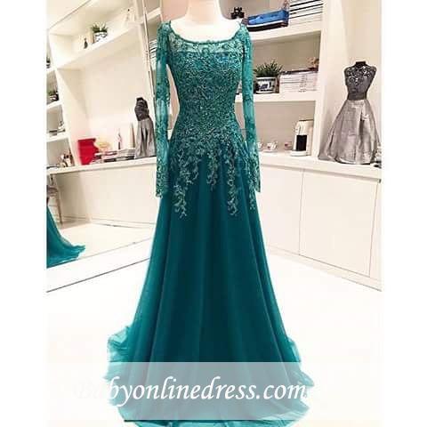 Scoop Beaded Lace A-Line Blue Long-Sleeves Appliques Evening Dress