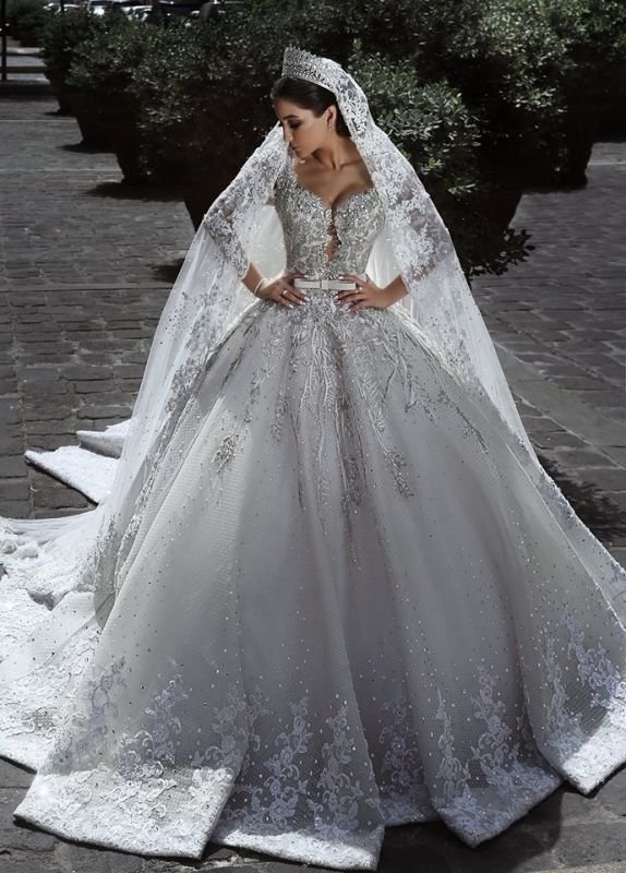 Gorgeous Ball Gown Wedding Dresses | Beading Long Sleeves Appliques Bridal Gowns