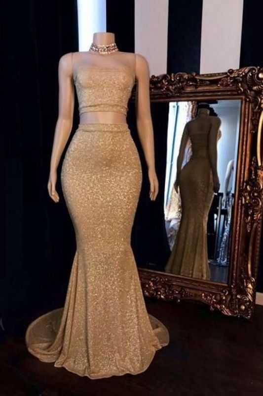 Sexy Golden Two Pieces Sequined Mermaid Prom dresses | Spaghetti Strap Floor Length Evening Dresses