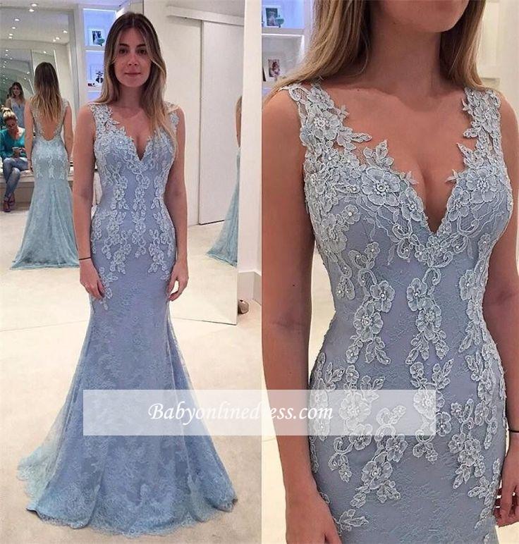 Backless V-neck Mermaid Floor-length Lace Blue Evening Dress