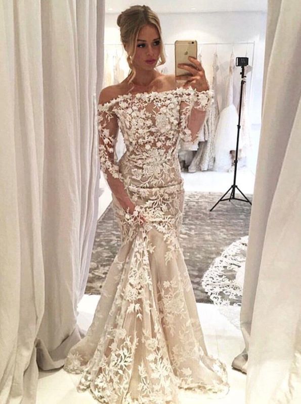 Bridal Elegant Mermaid Wedding Dresses | Lace Appliques Wedding Party Dresses