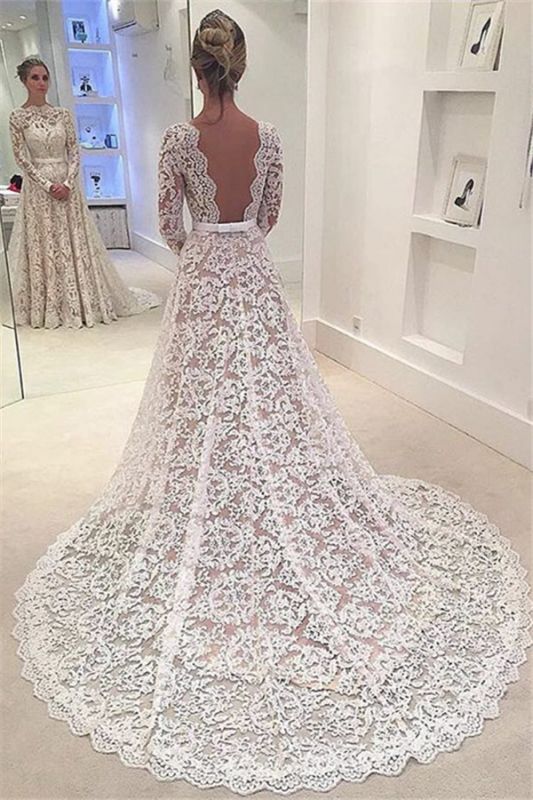 Bowknot Long-Sleeves A-Line Backless Lace Elegant Wedding Dresses