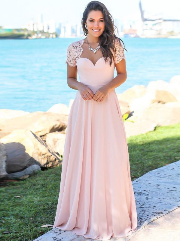 Pink Chiffon A-Line Bridesmaid Dresses | Sweetheart Cap Sleeves Lace Long Prom Dresses