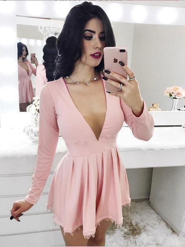 Pink A-Line Homecoming Dresses | V-Neck Long Sleeves Short Cocktail Dresses