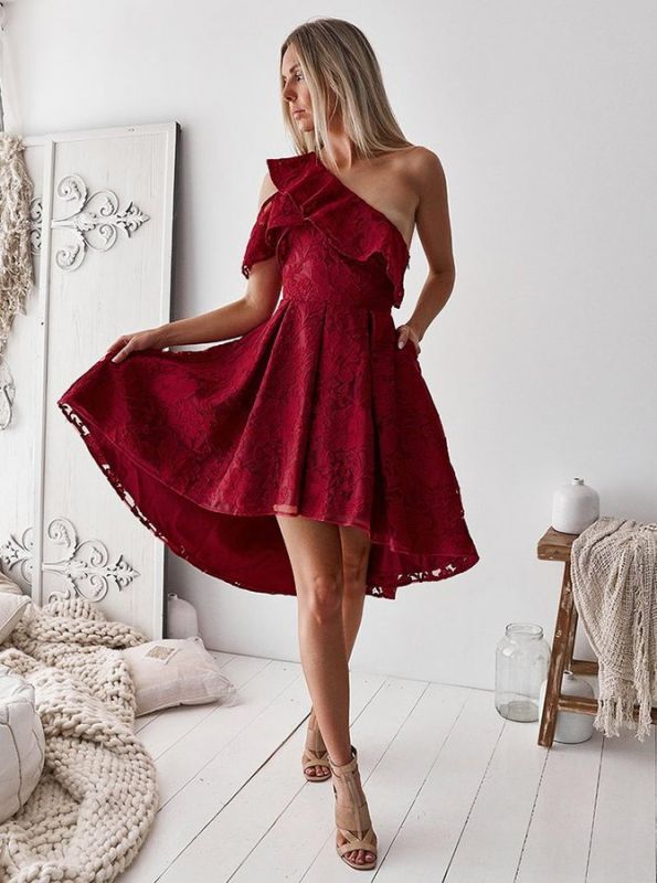 Exquisite One-Shoulder Lace Homecoming Dresses | Burgundy Hi-Lo A-Line Cocktail Dresses