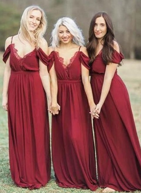 Elegant Burgundy Chiffon Bridesmaid Dresses | Off-the-Shoulder A-line Wedding Party Dress