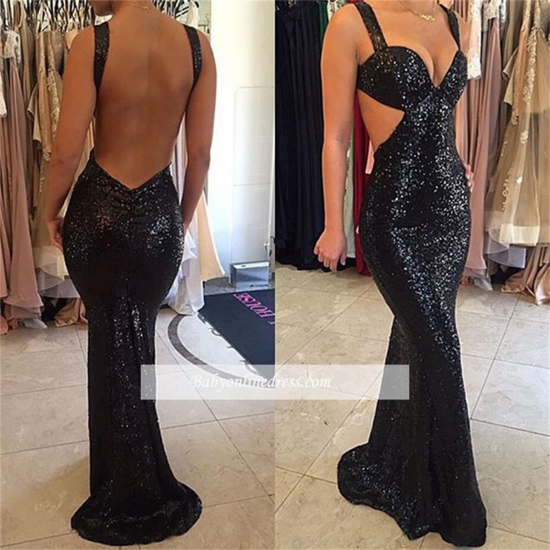 Mermaid Straps Sweep-Train Sexy Black Backless Prom Dresses
