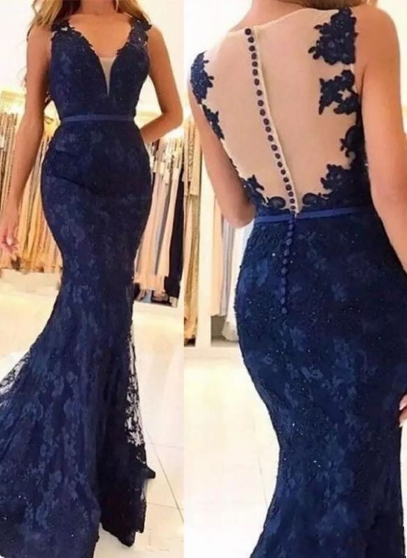 Modest Dark Navy Mermaid Prom Dresses | V-Neck Buttons Back Evening Gowns Bc0389
