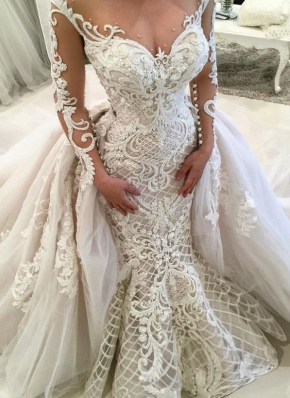 Gorgeous Long Sleeves Mermaid Wedding Dresses | Sexy Bridal Gowns with Overskirt