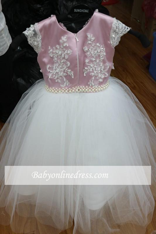 Pink Tulle Short-Sleeves Appliques Flower Gril Dresses with Beadings