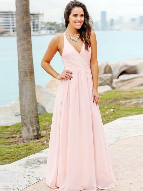 Cheap Pink A-Line Bridesmaid Dresses | V-Neck Sleeveless Cheap Wedding Party Dresses