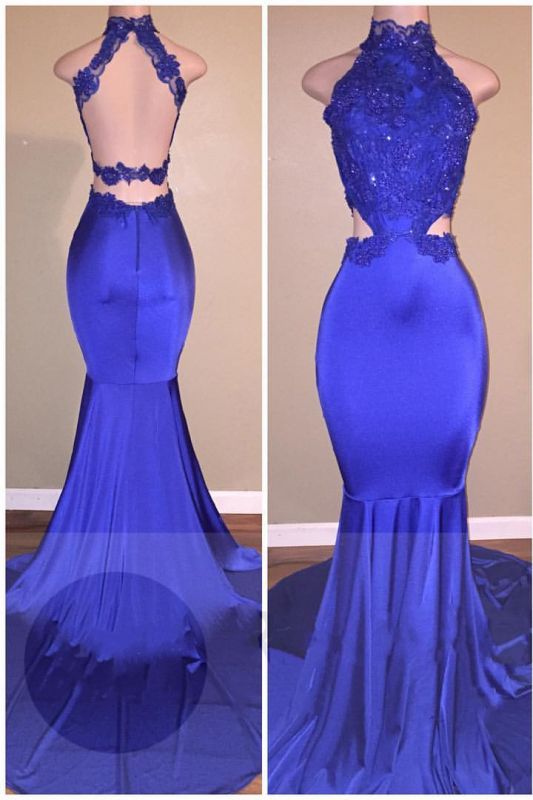 New Arrival High Neck Mermaid Prom Dresses | Sexy Lace Open Back Evening Gown