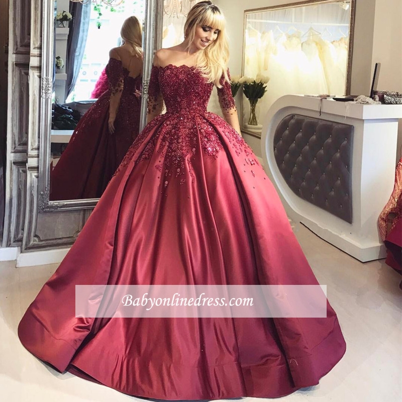 2021 Burgundy Prom Dresses Long Sleeves Ball Off-the-Shoulder Formal Gown qq0347