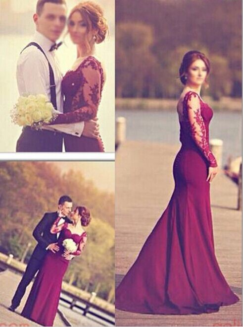 2021 Mermaid Evening Gowns Dark Red Long Sleeves Lace Open Back Long Wedding Party Dresses
