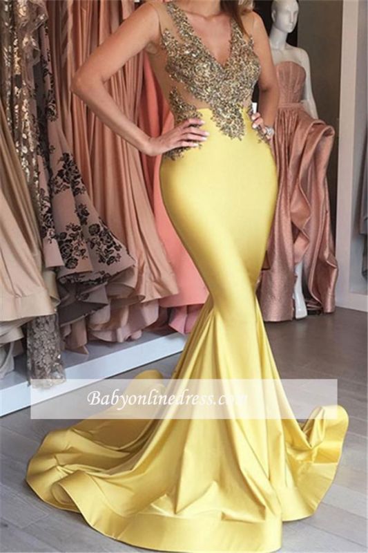 Mermaid V-neck Yellow Stretch Sleeveless Sexy Appliques Beaded Prom Dress