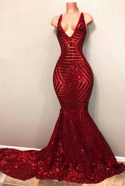 Sequins Red Shiny Mermaid V-Neck Long Prom Dresses