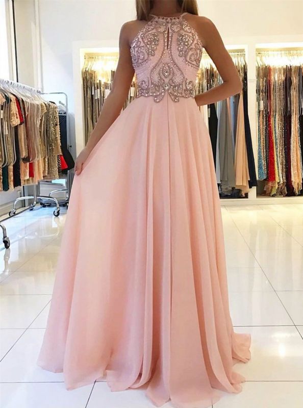 New Crystals Pink Prom Dresses | Halter Neck A-line Formal Dresses