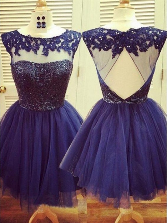 Capped Sleeves Navy-Blue Short Homecoming Dresses